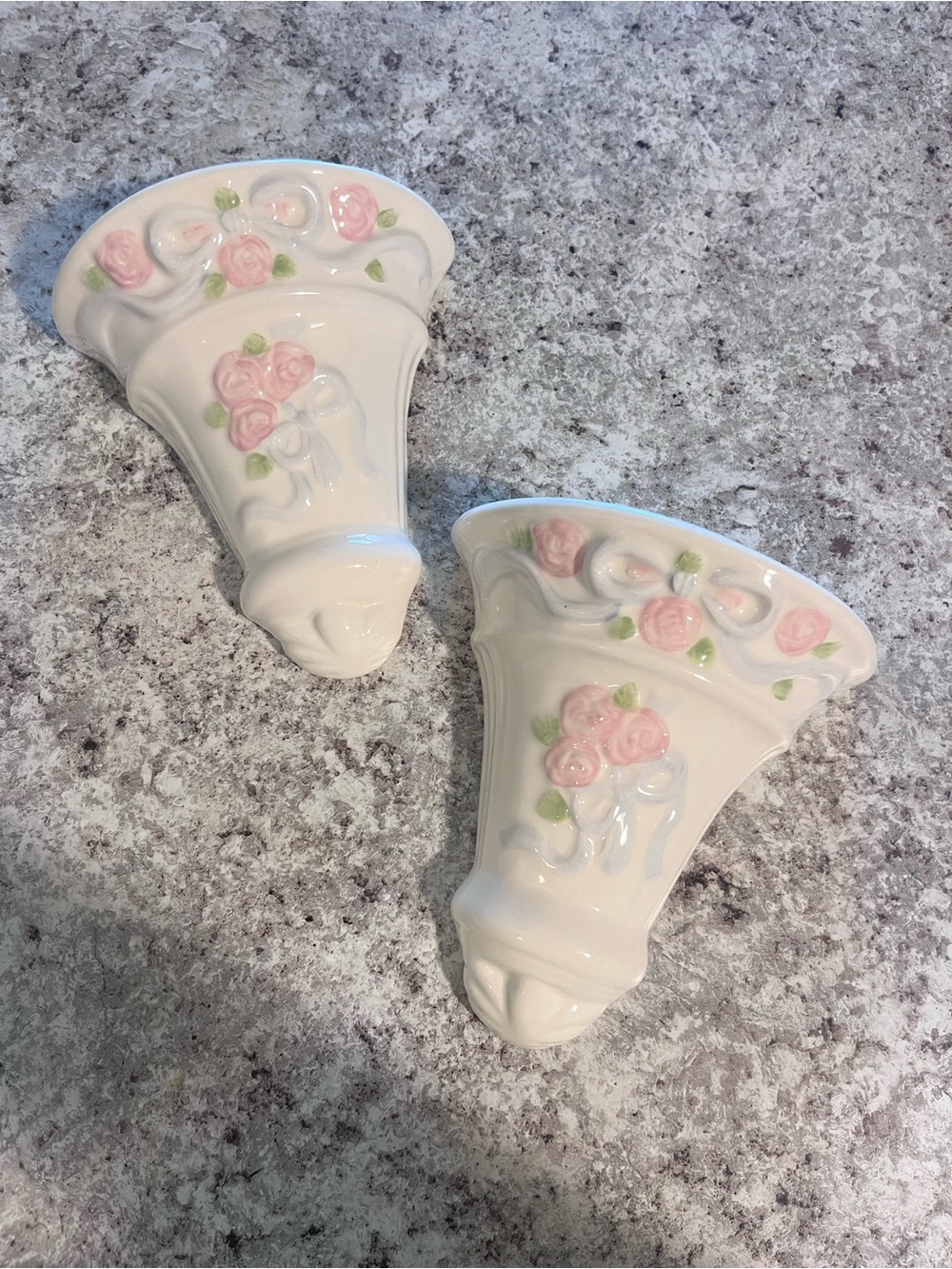 Pair of Vintage Wall Pocket Planter/Vases Crean & Pastel Pink Blue Bow